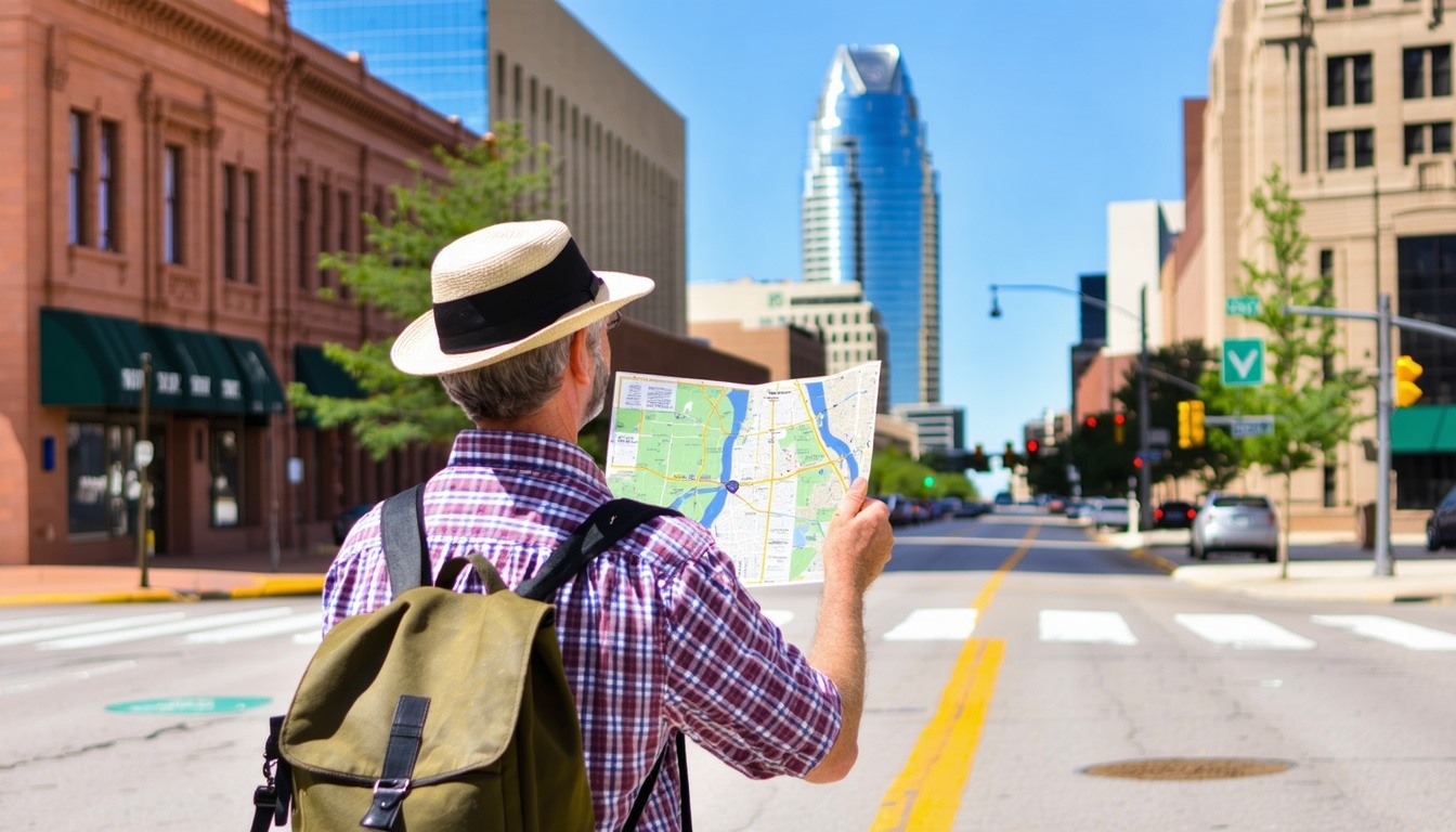 street scene of oklahoma city tourist with map